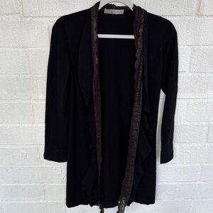 D. Exterior Ruffle Eyelet Black Cardigan with Lace Detail sz M